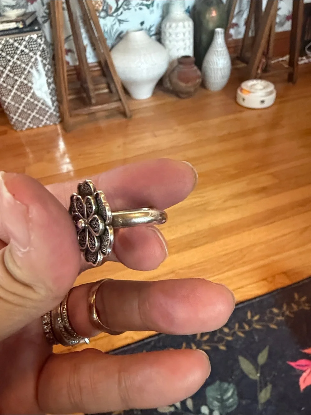 Vintage Sterling Silver Filigree Flower Ring Adjustable Stamped 925